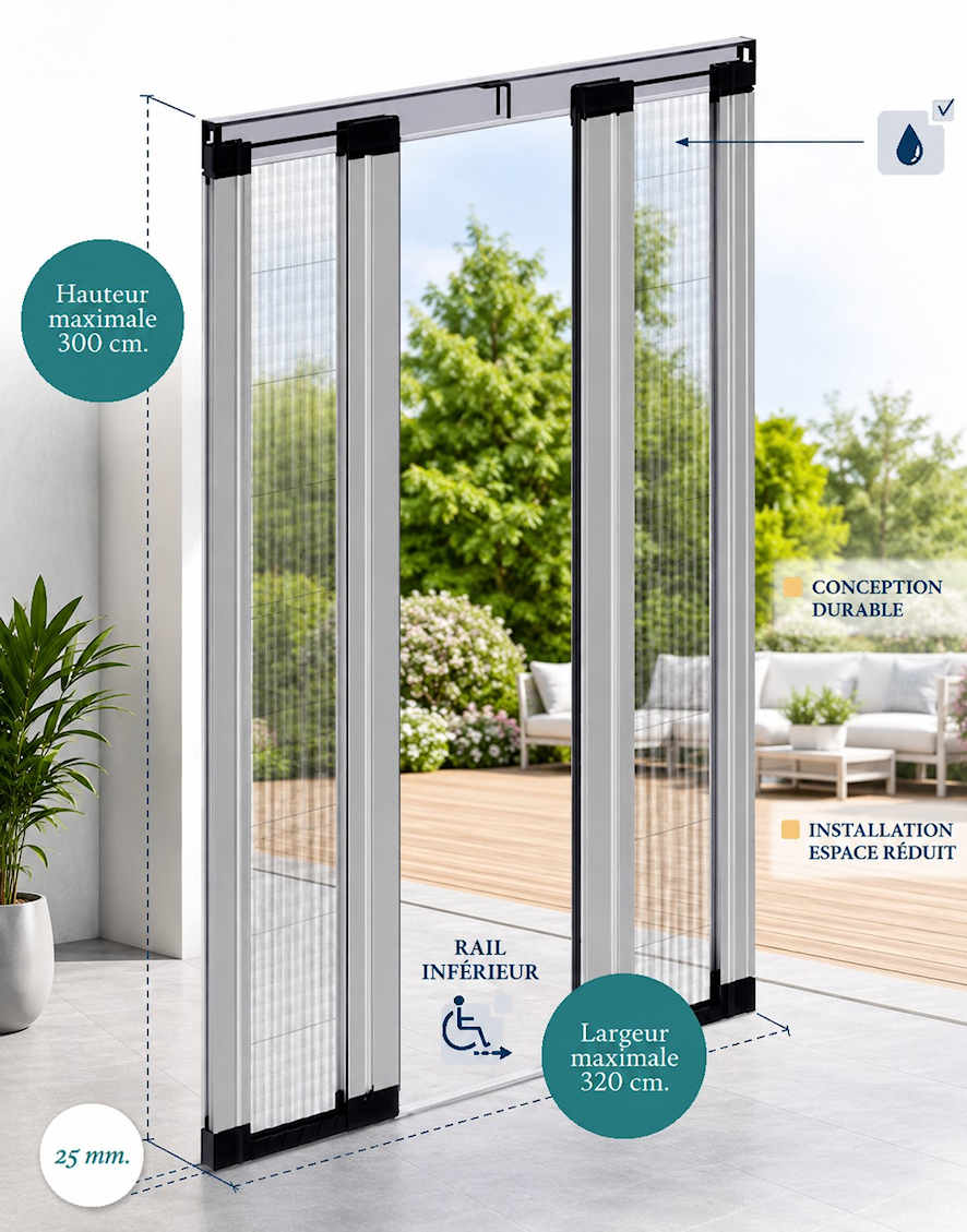 Moustiquaire plissée 24 mm Mini double vantaux largeur maxi 3.2 m